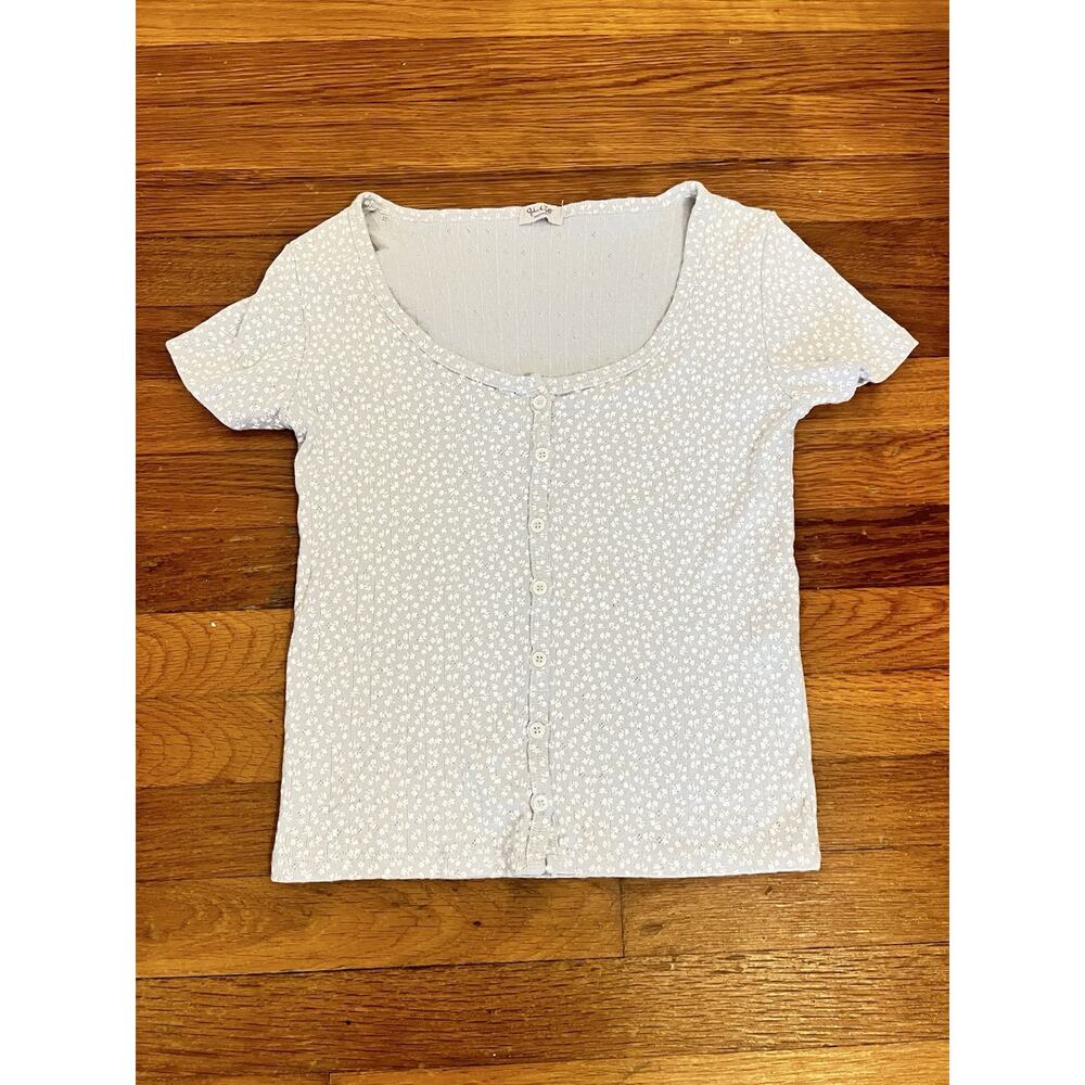 John Galt Brandy Melville Light Blue Floral Pointelle Button Front Top One Size